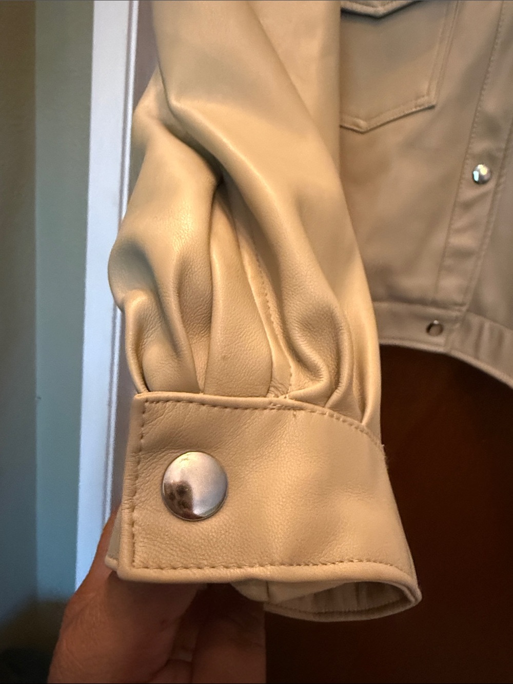 T Tahari Cream Faux Leather Button-Front Jean Jacket - Picture 5 of 7